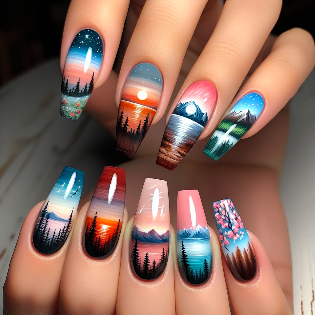 Acrylic Nail Art Featuring Landscape and Scenery